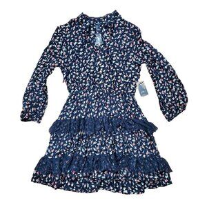 Forever 21 Floral Print Tiered Lace Detail Skater Dress Womens S Keyhole Tie NWT